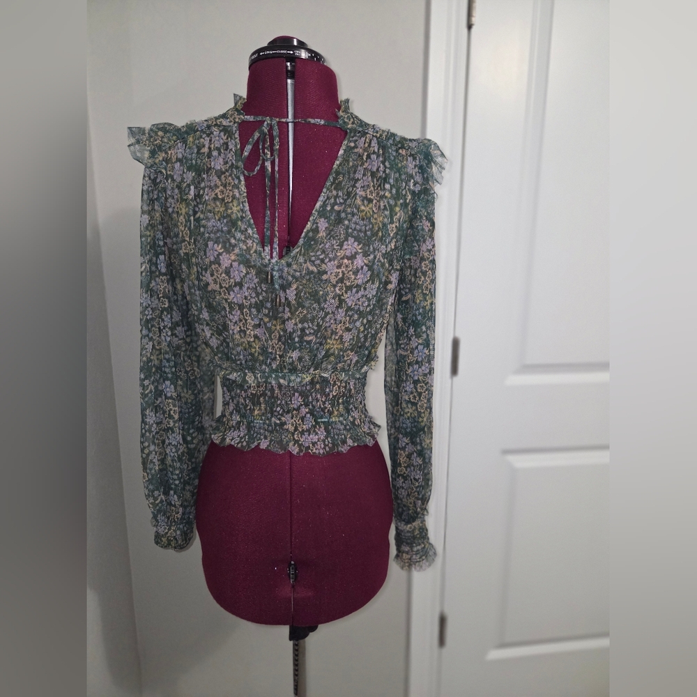 Free People Green and Purple Ruffled Long Sleeve Blouse